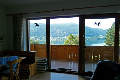 Uitzicht vanuit de woonkamer naar het balkon